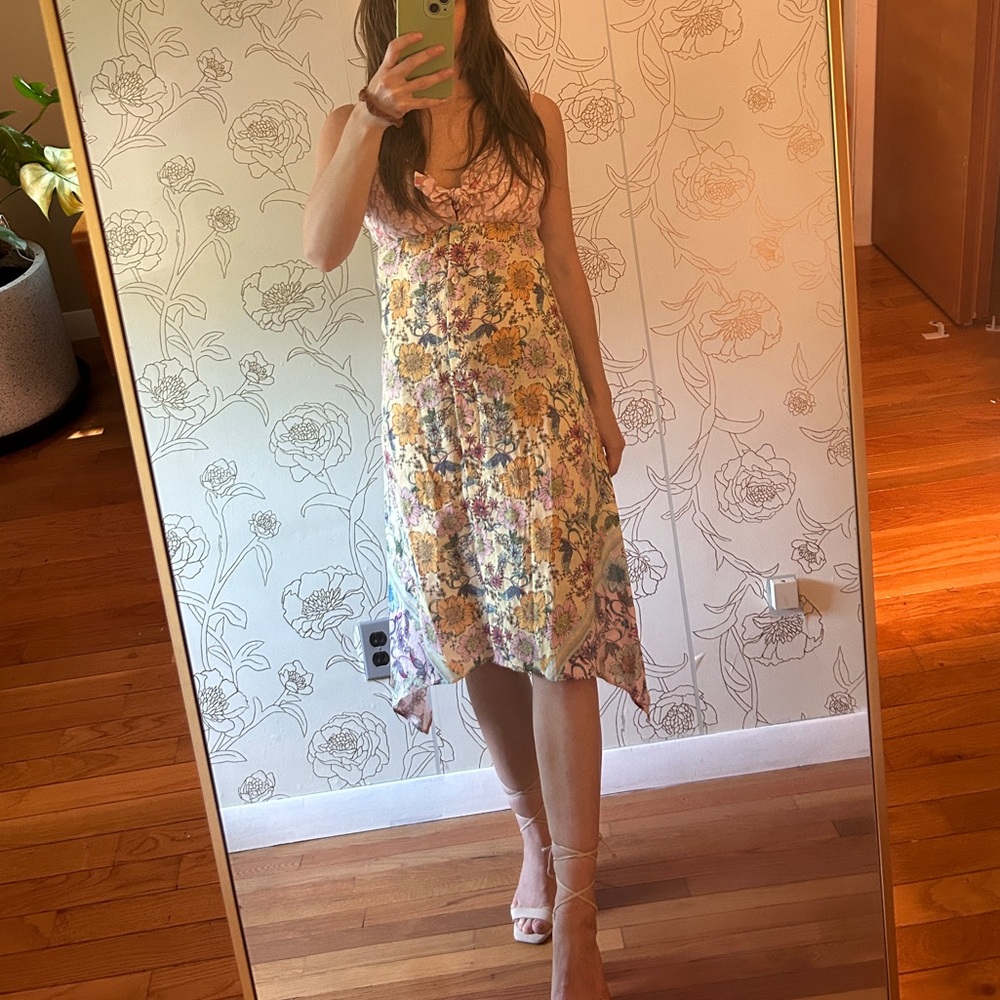 Hale Bob Yellow Floral Slip Dress with Pink Accents